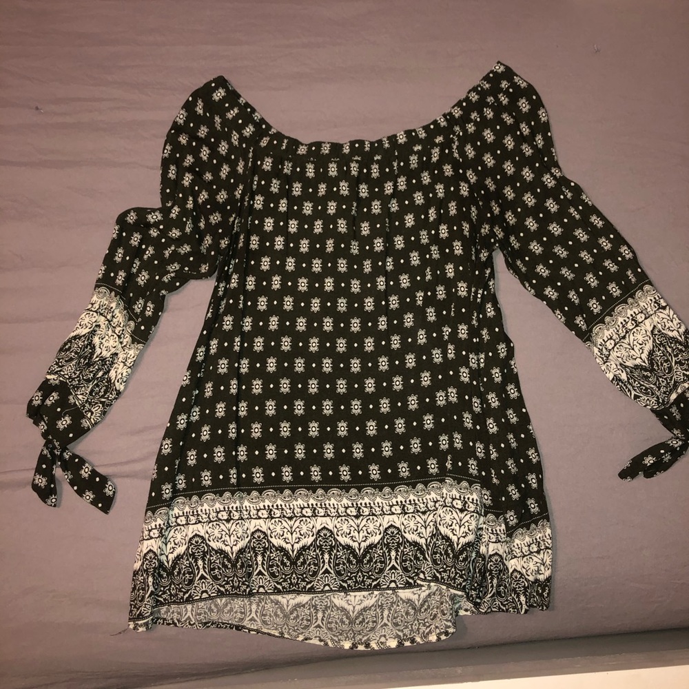 Green and white off the shoulder top.
